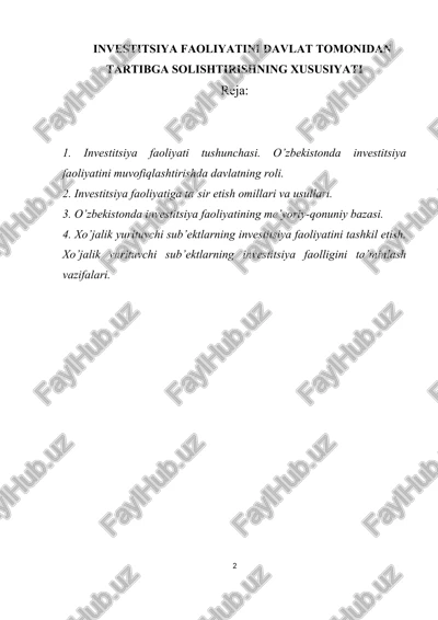 investitsiya faoliyatini davlat tomonidan tartibga solishtirishning xususiyati — DOC
