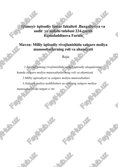 milliy iqtisodiy rivojlanishida xalqaro moliya munosobatlarning roli va ahamiyati — DOC