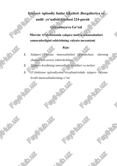 o'zbekistonda xalqaro moliya munosabatlari samaradorligini oshirishning valyuta mexanizmi — DOCX