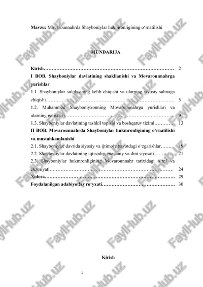 movarounnahrda shayboniylar hukmronligining o‘rnatilishi kurs ishi — DOCX