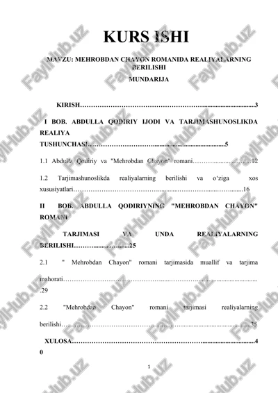 "mehrobdan chayon" romanida realiyalarning berilishi — DOCX