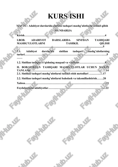 adabiyot darslarida sinfdan tashqari mashg’ulotlarni tashkil qilish — DOC