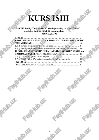 badiiy tarjimada ( e. xemingueyning “alvido, qurol” asarining tarjimasi) — DOCX
