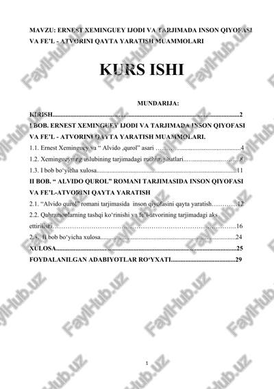 ernest xeminguey ijodi va tarjimada inson qiyofasi va fe'l - atvorini qayta yaratish muammolari — DOCX