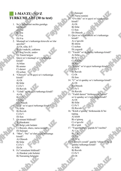 so‘z turkumlari (30 ta test) — DOCX