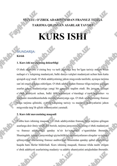 o’zbek adabiyotidan fransuz tiliga tarjima qilingan asarlar tavsifi kurs ishi — DOCX