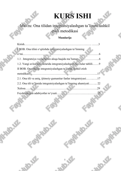 ona tilidan integratsiyalashgan ta’limni tashkil etish metodikasi — DOCX