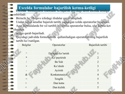 excelda formulalar bajarilish ketma-ketligi — PPT