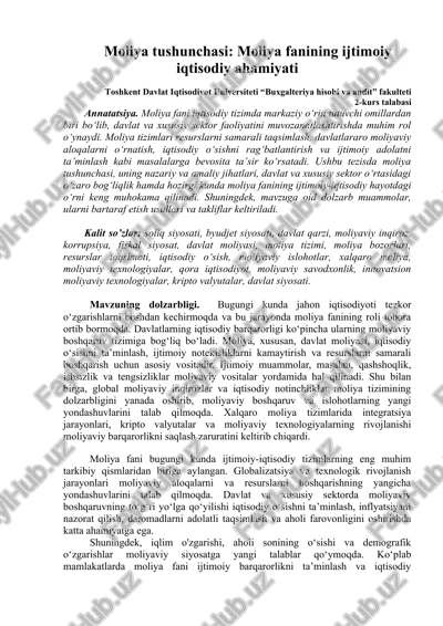 moliya tushunchasi:moliya fanining ijtimoiy iqtisodiy ahamiyati — DOC