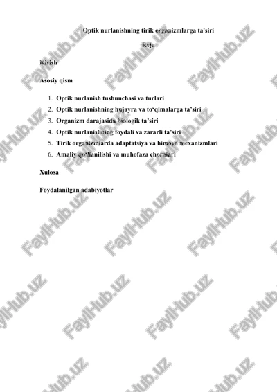 optik nurlanishning tirik organizmlarga ta'siri — DOCX