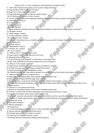 inklyuziv ta`lim. gospital pedagogika fanidan test — DOCX