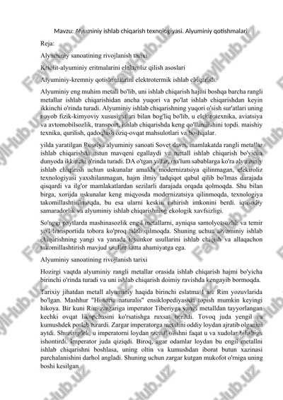 alyuminiy ishlab chiqarish texnologiyasi — DOCX