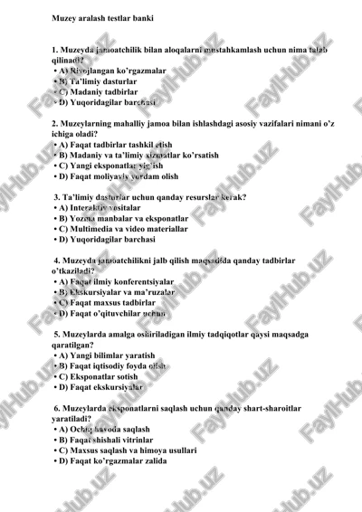 muzey aralash testlar banki — DOCX