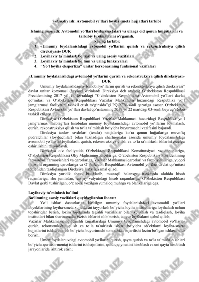 umumiy foydalanishdagi avtomobil yo'llari loyiha smeta hujjatlari tarkibi — DOCX