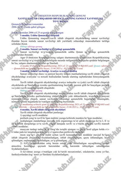 xavfli ishlab chiqarish obyektlarining sanoat xavfsizligi — DOCX