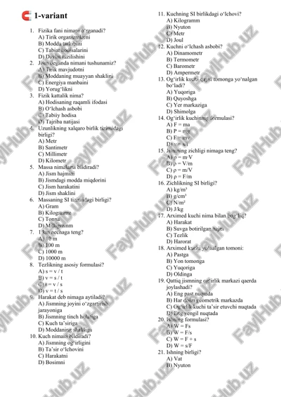 fizika darsi test savollari — DOCX