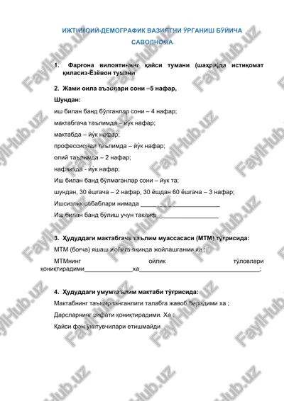 ijtimoiy-demografik vaziyatni o'rganish bo'yicha savolnoma — DOCX