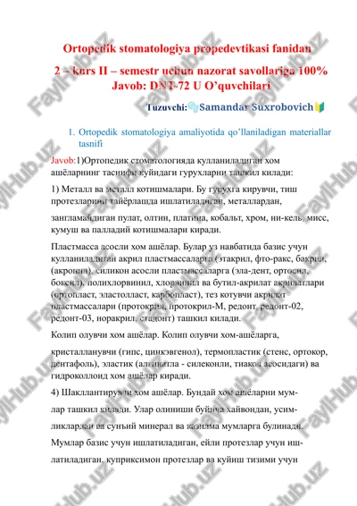 ortopedik stomatologiya propedevtikasi — DOCX