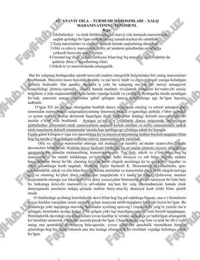 an’anaviy oila – turmush marosimlari – xalq madaniyatining fenomeni — DOCX
