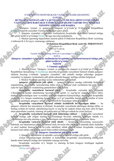 qutqaruv xizmatlari va qutqaruv tuzilmalarini favqulodda vaziyatlarni bartaraf etishga jalb qilish tartibi to‘g‘risida nizom — DOCX