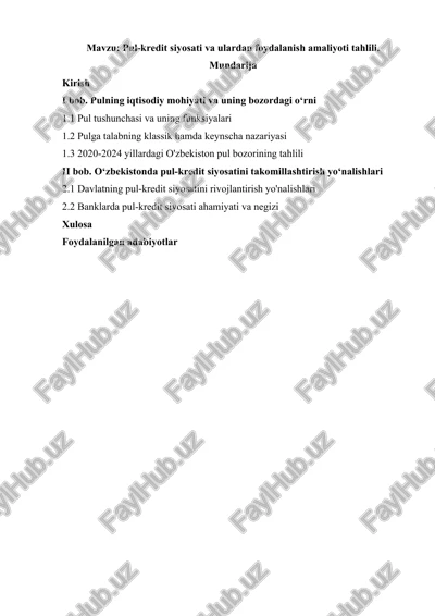 pul-kredit siyosati va ulardan foydalanish amaliyoti tahlili — DOCX