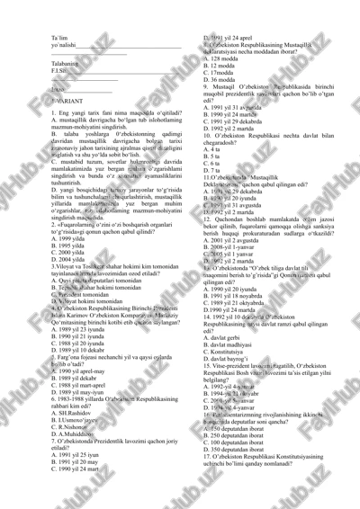 tarix fanidan test — DOC
