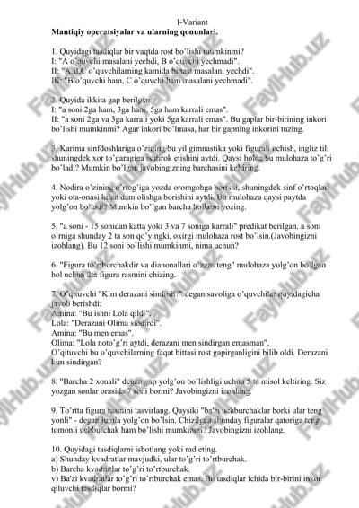 mantiqiy operatsiyalar va ularning qonunlari — DOCX