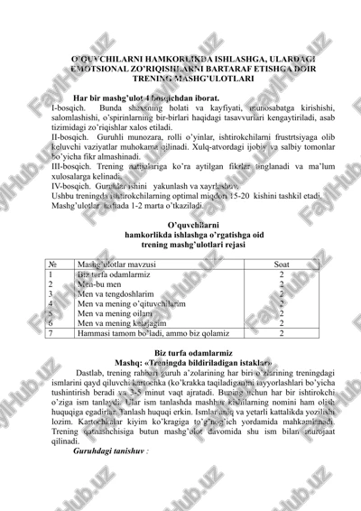 o'quvchilarni hamkorlikda ishlashga oid trening mashg'ulotlari — DOC
