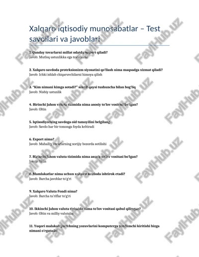 xalqaro iqtisodiy munosabatlar – test savollari va javoblari — DOCX