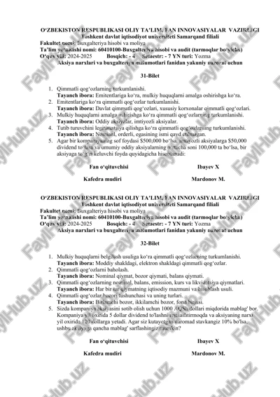 qimmatli qog‘ozlarning turkumlanishi — DOCX