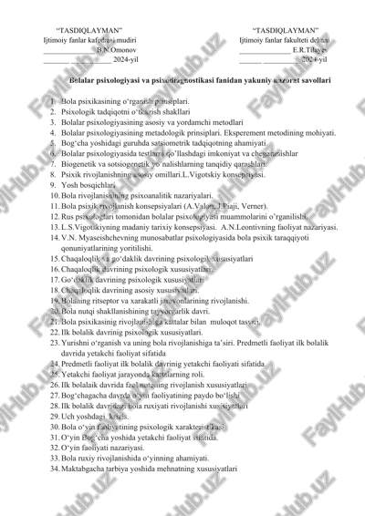 bolalar psixologiyasi va psixodiagnostikasi fanidan yakuniy nazorat savollari — DOCX