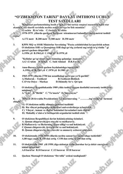 o'zbekiston tarixi davlat imtihoni uchun test savollari — DOCX