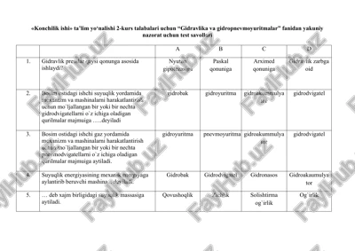 "gidravlika va gidropnevmoyuritmalar" test savollari — DOC
