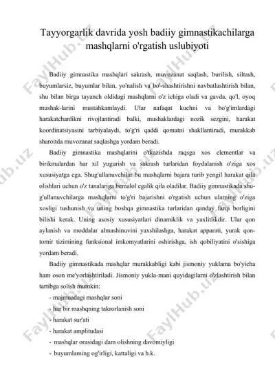 tayyorgarlik davrida yosh badiiy gimnastikachilarga mashqlarni o'rgatish uslubiyoti — DOC
