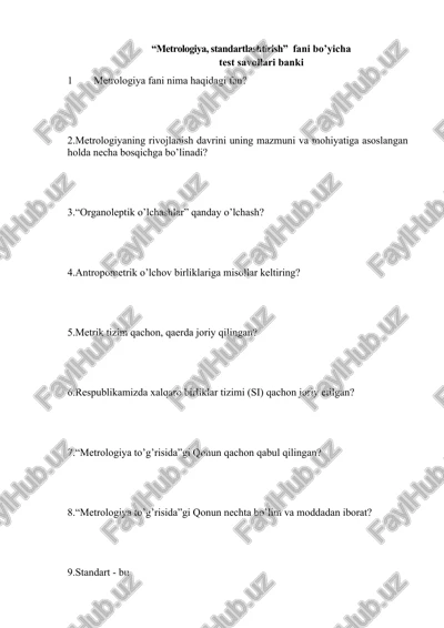 metrologiya, standartlashtirish fani bo’yicha test savollari banki — DOCX