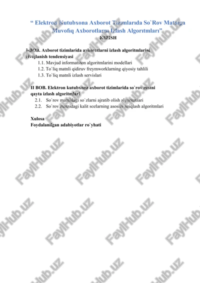 elektron kutubxona axborot tızımlarıda so`rov matnıga muvofıq axborotlarnı izlash algorıtmları — DOCX