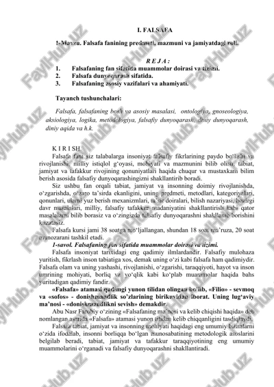 falsafa fanining predmeti, mazmuni va jamiyatdagi roli — DOCX