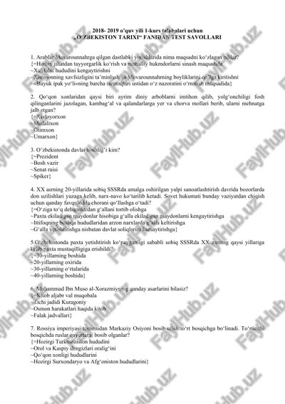 o‘zbekiston tarixi fanidan test savollari — DOC