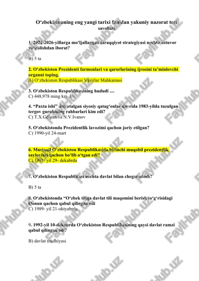 oʻzbekistonning eng yangi tarixi fanidan yakuniy nazorat test savollari — DOCX