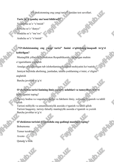 o‘zbekistonning eng yangi tarixi fanidan test savollari — DOCX