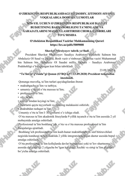 “ta’lim to’g’risida”gi qonun (o’rq–637, 23.09. 2020) — DOC