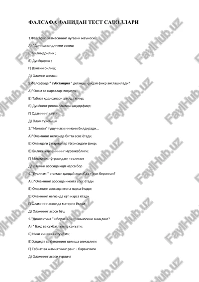 falsafa fanidan test savollari — DOCX