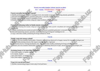 nazariy mexanika fanidan yakuniy nazorat savollari — DOC