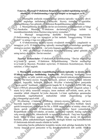 mustaqil o‘zbekiston respublikasi tashkil topishining tarixiy ahamiyati — DOC