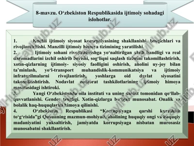 o‘zbekiston respublikasida ijtimoiy sohadagi islohotlar — PPT