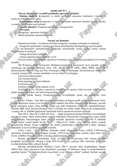 kompyuter va mobil qurilmalar operasion tizimlari — DOC