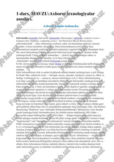 axborot texnologiyalar asoslari — DOCX