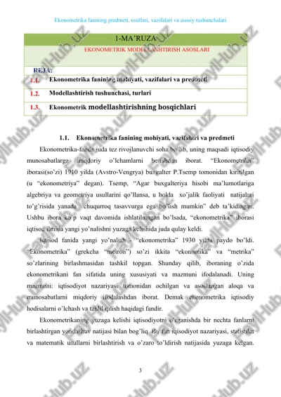 ekonometrika fanining predmeti, usullari, vazifalari va asosiy tushunchalari — DOCX
