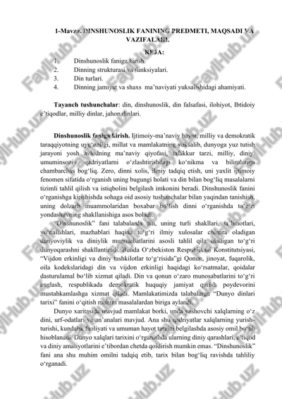 dinshunoslik fanining predmeti, maqsadi va vazifalari — DOCX