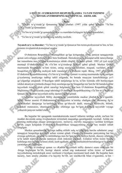 o‘zbekiston respublikasida ta’lim tizimini rivojlantirishning konseptual asoslari — DOCX